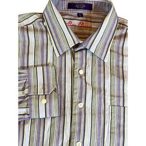 Alan Flusser XL Purple/White/Gray Striped Button Up Shirt Contrasting Sleeves‎